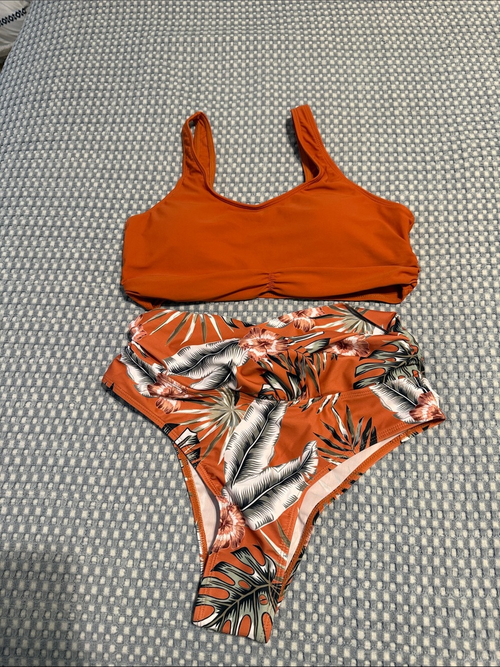 High-Waist Floral Bikini Set in Rust Orange